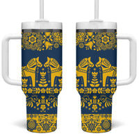 Sweden Dalecarlian Horse Tumbler With Handle Floral Folk Pattern Blue Version LT18