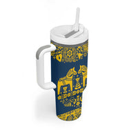 Sweden Dalecarlian Horse Tumbler With Handle Floral Folk Pattern Blue Version LT18