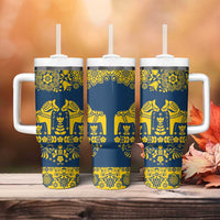 Sweden Dalecarlian Horse Tumbler With Handle Floral Folk Pattern Blue Version LT18