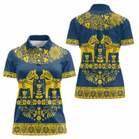 Sweden Daleclarian Horse Women Polo Shirt Floral Folk Pattern Blue Version