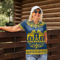 Sweden Daleclarian Horse Women Polo Shirt Floral Folk Pattern Blue Version