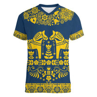 Sweden Daleclarian Horse Women V-Neck T-Shirt Floral Folk Pattern Blue Version
