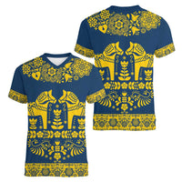 Sweden Daleclarian Horse Women V-Neck T-Shirt Floral Folk Pattern Blue Version