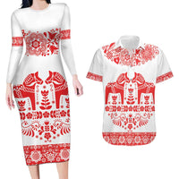 Sweden Daleclarian Horse Couples Matching Long Sleeve Bodycon Dress and Hawaiian Shirt Floral Folk Pattern White Version