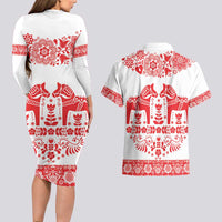 Sweden Daleclarian Horse Couples Matching Long Sleeve Bodycon Dress and Hawaiian Shirt Floral Folk Pattern White Version