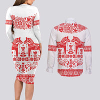 Sweden Daleclarian Horse Couples Matching Long Sleeve Bodycon Dress and Long Sleeve Button Shirt Floral Folk Pattern White Version