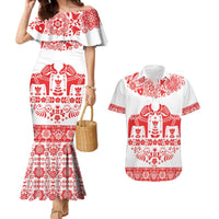 Sweden Daleclarian Horse Couples Matching Mermaid Dress and Hawaiian Shirt Floral Folk Pattern White Version