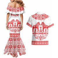 Sweden Daleclarian Horse Couples Matching Mermaid Dress and Hawaiian Shirt Floral Folk Pattern White Version