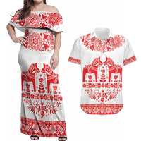 Sweden Daleclarian Horse Couples Matching Off Shoulder Maxi Dress and Hawaiian Shirt Floral Folk Pattern White Version
