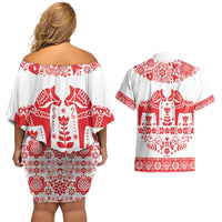 Sweden Daleclarian Horse Couples Matching Off Shoulder Short Dress and Hawaiian Shirt Floral Folk Pattern White Version
