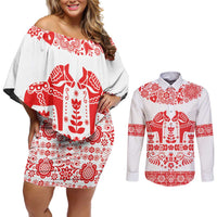 Sweden Daleclarian Horse Couples Matching Off Shoulder Short Dress and Long Sleeve Button Shirt Floral Folk Pattern White Version