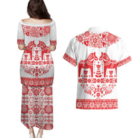 Sweden Daleclarian Horse Couples Matching Puletasi and Hawaiian Shirt Floral Folk Pattern White Version
