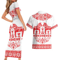 Sweden Daleclarian Horse Couples Matching Short Sleeve Bodycon Dress and Hawaiian Shirt Floral Folk Pattern White Version