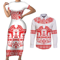 Sweden Daleclarian Horse Couples Matching Short Sleeve Bodycon Dress and Long Sleeve Button Shirt Floral Folk Pattern White Version