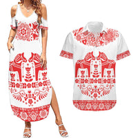 Sweden Daleclarian Horse Couples Matching Summer Maxi Dress and Hawaiian Shirt Floral Folk Pattern White Version