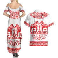 Sweden Daleclarian Horse Couples Matching Summer Maxi Dress and Hawaiian Shirt Floral Folk Pattern White Version