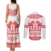 Sweden Daleclarian Horse Couples Matching Tank Maxi Dress and Long Sleeve Button Shirt Floral Folk Pattern White Version