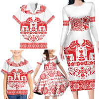 Sweden Daleclarian Horse Family Matching Long Sleeve Bodycon Dress and Hawaiian Shirt Floral Folk Pattern White Version