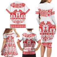Sweden Daleclarian Horse Family Matching Long Sleeve Bodycon Dress and Hawaiian Shirt Floral Folk Pattern White Version
