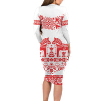 Sweden Daleclarian Horse Family Matching Long Sleeve Bodycon Dress and Hawaiian Shirt Floral Folk Pattern White Version