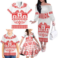 Sweden Daleclarian Horse Family Matching Off The Shoulder Long Sleeve Dress and Hawaiian Shirt Floral Folk Pattern White Version