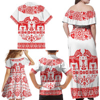 Sweden Daleclarian Horse Family Matching Off Shoulder Maxi Dress and Hawaiian Shirt Floral Folk Pattern White Version