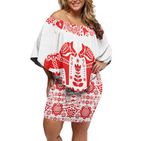 Sweden Daleclarian Horse Family Matching Off Shoulder Short Dress and Hawaiian Shirt Floral Folk Pattern White Version