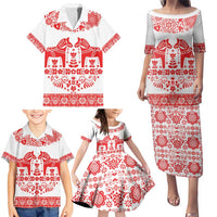Sweden Daleclarian Horse Family Matching Puletasi and Hawaiian Shirt Floral Folk Pattern White Version