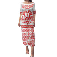 Sweden Daleclarian Horse Family Matching Puletasi and Hawaiian Shirt Floral Folk Pattern White Version