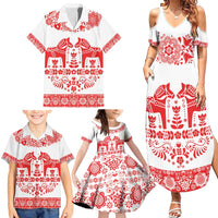 Sweden Daleclarian Horse Family Matching Summer Maxi Dress and Hawaiian Shirt Floral Folk Pattern White Version