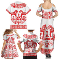 Sweden Daleclarian Horse Family Matching Summer Maxi Dress and Hawaiian Shirt Floral Folk Pattern White Version