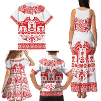 Sweden Daleclarian Horse Family Matching Tank Maxi Dress and Hawaiian Shirt Floral Folk Pattern White Version