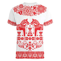 Sweden Daleclarian Horse Women V-Neck T-Shirt Floral Folk Pattern White Version