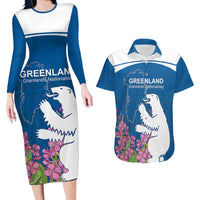 Personalized Greenland National Day Couples Matching Long Sleeve Bodycon Dress and Hawaiian Shirt Polar Bear With Dwarf Fireweed