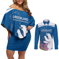 Personalized Greenland National Day Couples Matching Off Shoulder Short Dress and Long Sleeve Button Shirt Polar Bear With Dwarf Fireweed