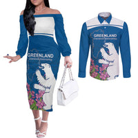 Personalized Greenland National Day Couples Matching Off The Shoulder Long Sleeve Dress and Long Sleeve Button Shirt Polar Bear With Dwarf Fireweed
