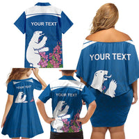 Personalized Greenland National Day Family Matching Off Shoulder Short Dress and Hawaiian Shirt Polar Bear With Dwarf Fireweed