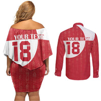 Custom Greenland Football Couples Matching Off Shoulder Short Dress and Long Sleeve Button Shirt Polar-Bamserne Tupilaq Pattern