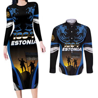 Custom Estonia National Flag Day Couples Matching Long Sleeve Bodycon Dress and Long Sleeve Button Shirt Mu isamaa, mu onn ja room