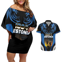 Custom Estonia National Flag Day Couples Matching Off Shoulder Short Dress and Hawaiian Shirt Mu isamaa, mu onn ja room
