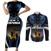 Custom Estonia National Flag Day Couples Matching Short Sleeve Bodycon Dress and Long Sleeve Button Shirt Mu isamaa, mu onn ja room