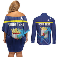 Personalized Curacao Flag Day Couples Matching Off Shoulder Short Dress and Long Sleeve Button Shirt Dia di Bandera