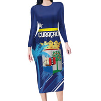 Personalized Curacao Flag Day Long Sleeve Bodycon Dress Dia di Bandera