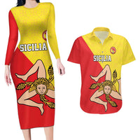 Custom Sicilia Football Couples Matching Long Sleeve Bodycon Dress and Hawaiian Shirt Naziunali Siciliana - Wonder Print Shop