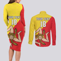 Custom Sicilia Football Couples Matching Long Sleeve Bodycon Dress and Long Sleeve Button Shirt Naziunali Siciliana - Wonder Print Shop
