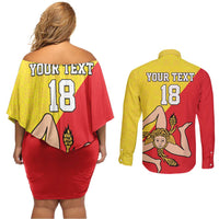 Custom Sicilia Football Couples Matching Off Shoulder Short Dress and Long Sleeve Button Shirt Naziunali Siciliana - Wonder Print Shop