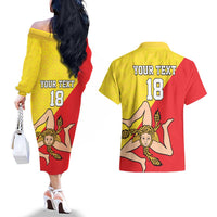 Custom Sicilia Football Couples Matching Off The Shoulder Long Sleeve Dress and Hawaiian Shirt Naziunali Siciliana - Wonder Print Shop