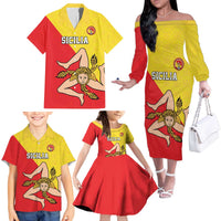 Custom Sicilia Football Family Matching Off The Shoulder Long Sleeve Dress and Hawaiian Shirt Naziunali Siciliana - Wonder Print Shop