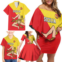 Custom Sicilia Football Family Matching Off Shoulder Short Dress and Hawaiian Shirt Naziunali Siciliana - Wonder Print Shop
