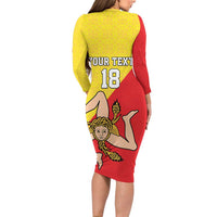 Custom Sicilia Football Long Sleeve Bodycon Dress Naziunali Siciliana - Wonder Print Shop